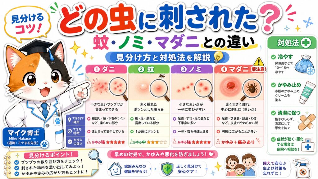 ダニ刺されの特徴と見分け方｜蚊・ノミ・マダニとの違いと刺されたときの対処