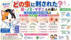 ダニ刺されの特徴と見分け方｜蚊・ノミ・マダニとの違いと刺されたときの対処