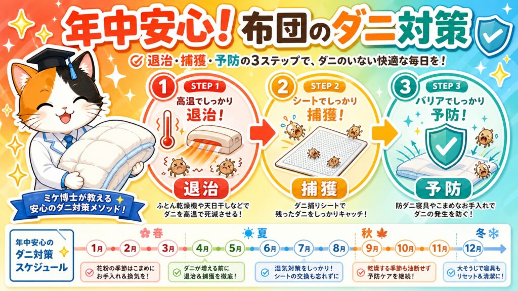 布団のダニ対策まとめ｜退治・捕獲・予防の3ステップと年間スケジュール