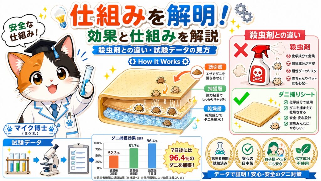 ダニ取りシートの効果と仕組みを解説｜殺虫剤との違いと試験データの見方